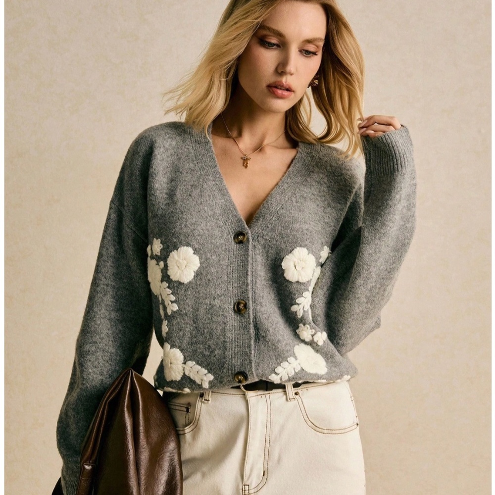 Gray Knit Oversized Cardigan White Floral Embroidery Button Down
